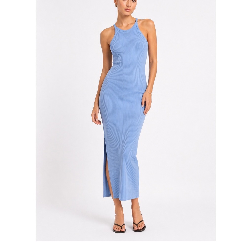 Reformation Jael Maxi‎ Dress Womens Small Parisian Blue Ribbed Knit Side Slit